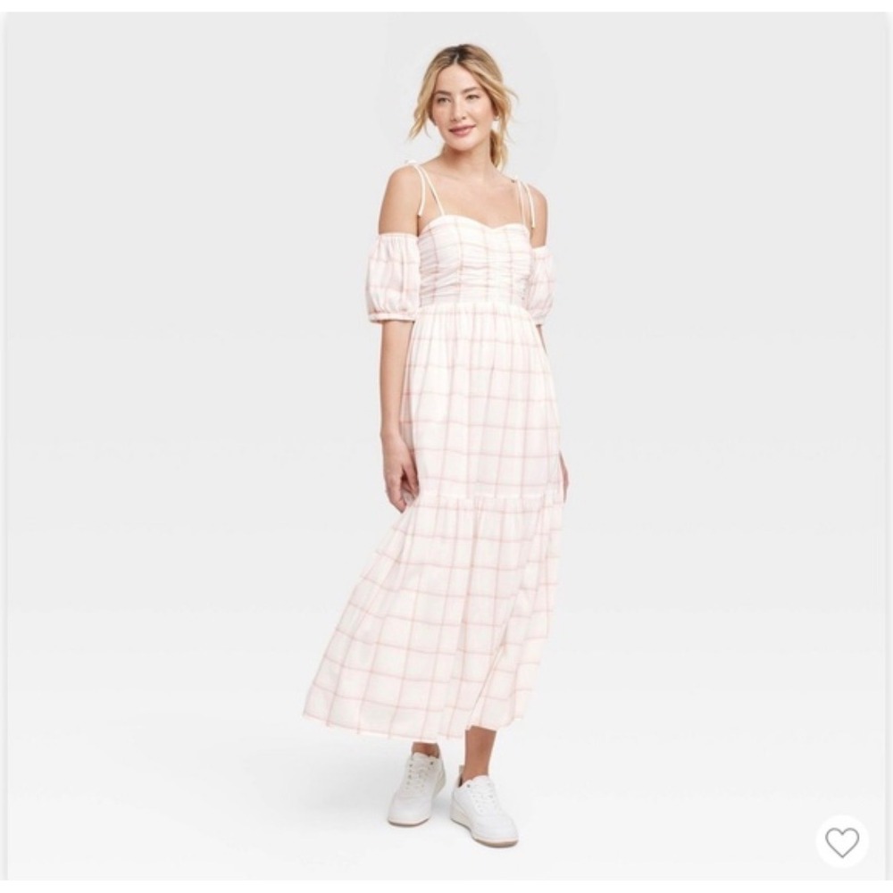Universal Thread Pink White Grid Tiered Midi Dress Puff Sleeve Smocked Medium